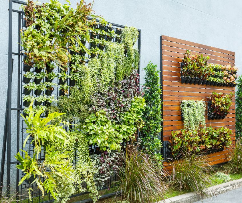 Examples of Vertical gardens at a home and garden show. One using a metal fame and pouches. A second on a wood panel with mounted planters.