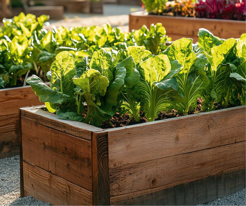 Vegetables growing in raised garden beds.