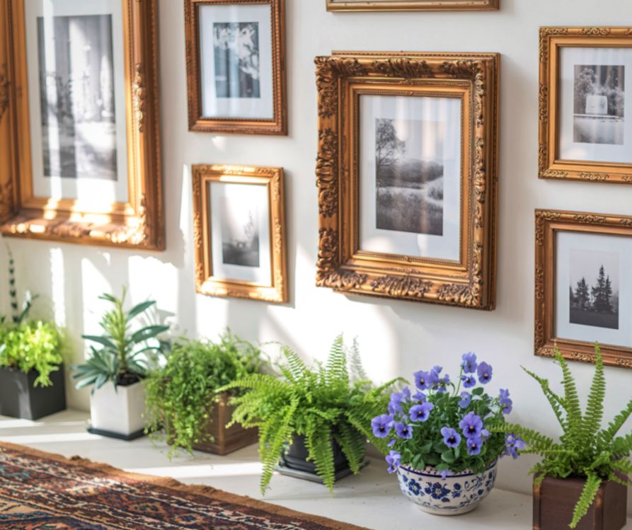 Sunlit gallery wall with ornate frames and plants.