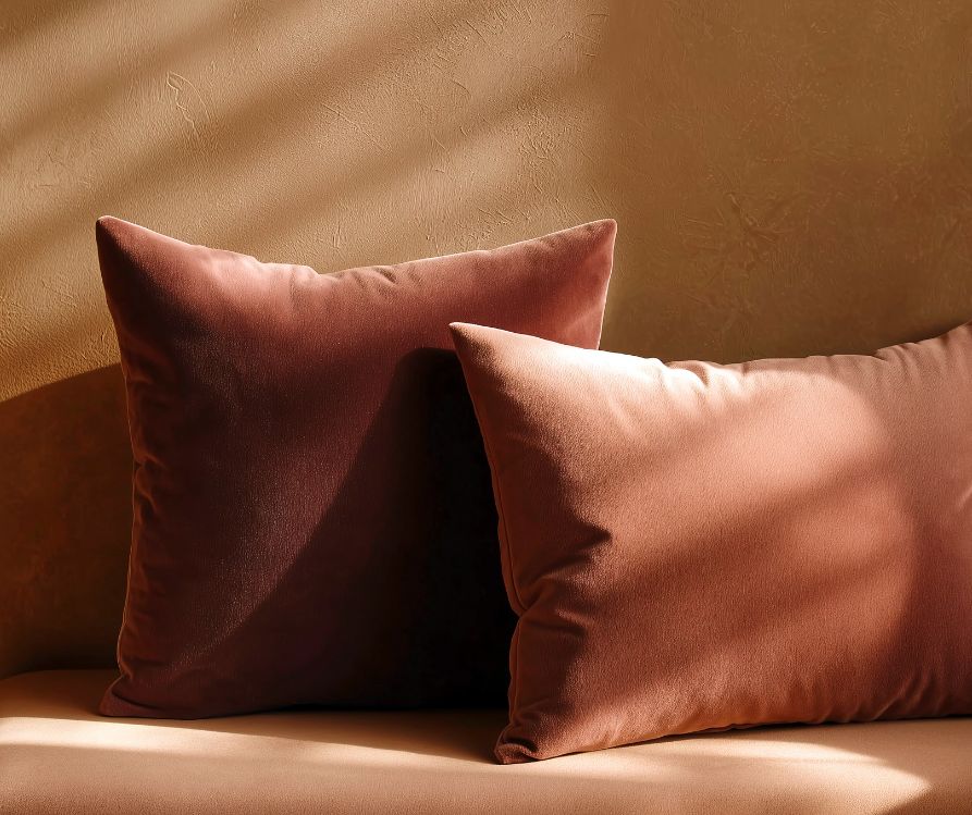 Two Plush Throw Pillows in Soft, Earthy Tones.