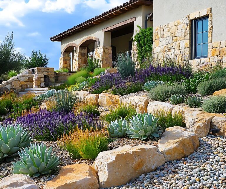 House with xeriscaping and rock garden landscaping.
