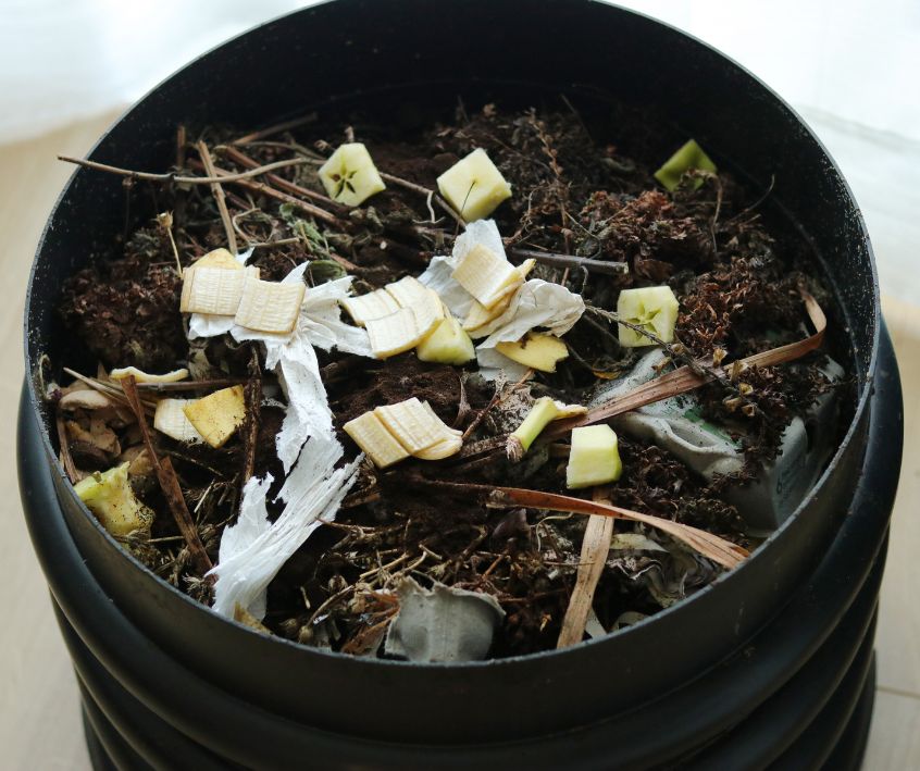 Indoor black round wormery compost bin with lid off in apartment.
