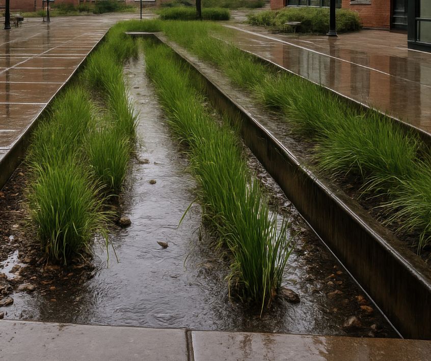 Bioswale system collects rainwater between buildings during wet weather conditions.