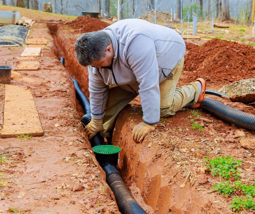 A man installing a storm drainage drain pipe into trench drain for draining a rainwater in his backyard.