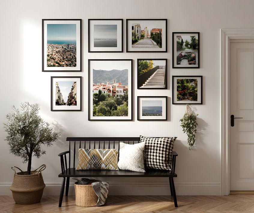 Many travel photos above a bench next to potted plants in a stylish home.