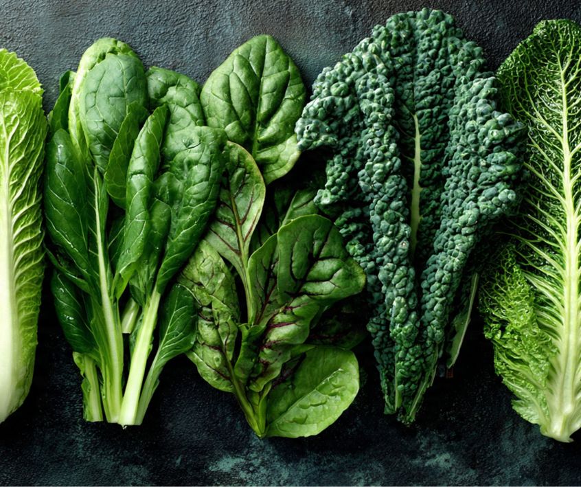 Assorted fresh green leafy vegetables on dark background.