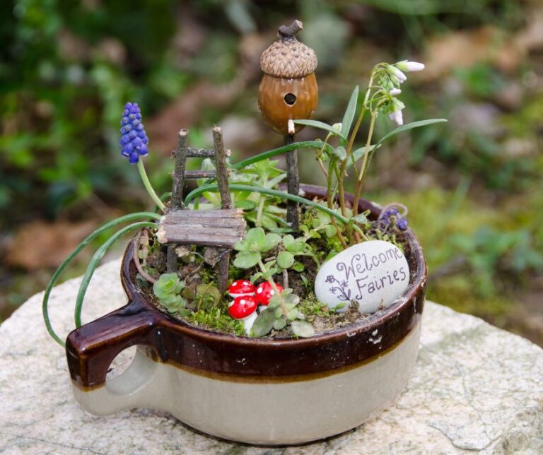 Fairy Garden in a earthen ware cup. A small house and acorn tower.