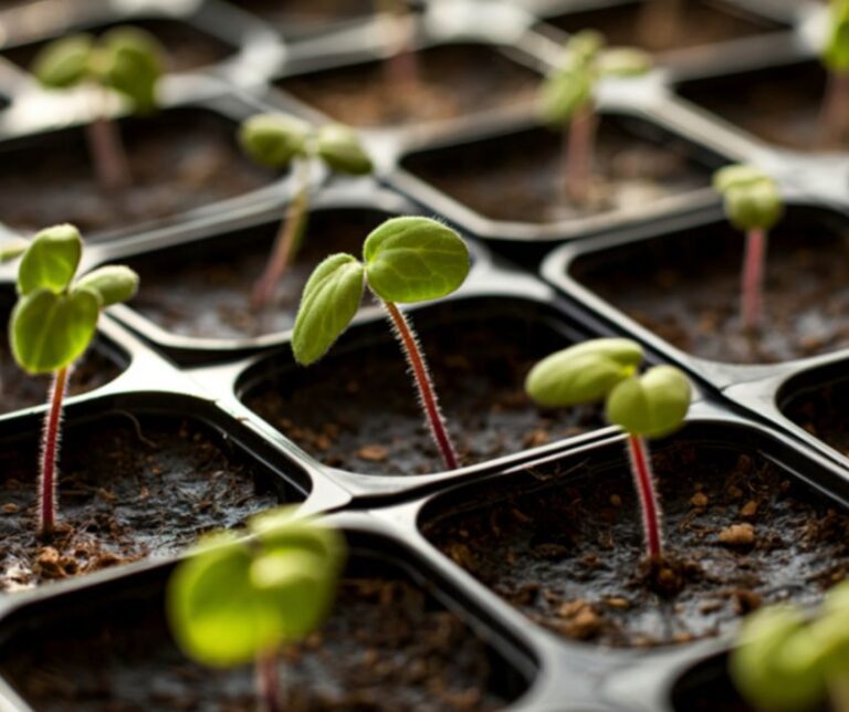 Tiny vegetable seedlings sprouting in a seed tray
