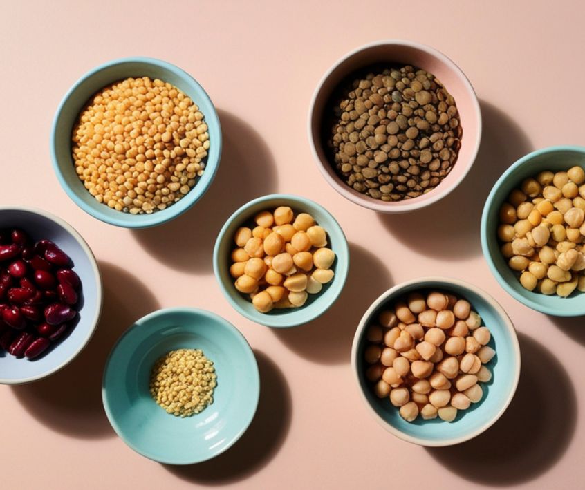 Dried legumes in bowls including lentils, chickpeas, and kidney beans on a pink table.
