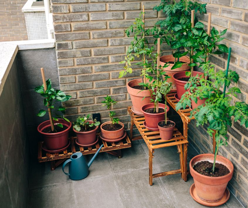 Vegetable garden on balcony of apartment with plants growing on ceramic pots.
