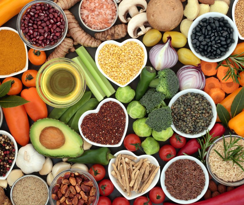 Colorful assortment of plant based foods great for good health.
