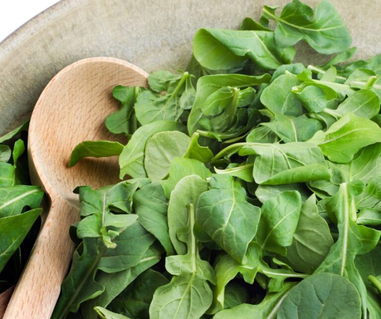 Freshly picked green arugula in a bowl with a wooden spoon.