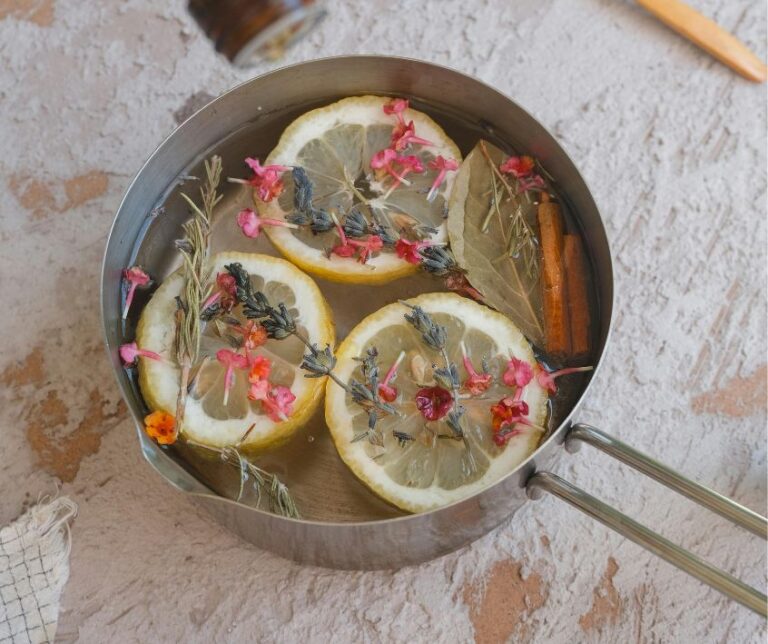Lemon slices, cinnamon sticks, and mixed herbs and flowers in a metal pot.