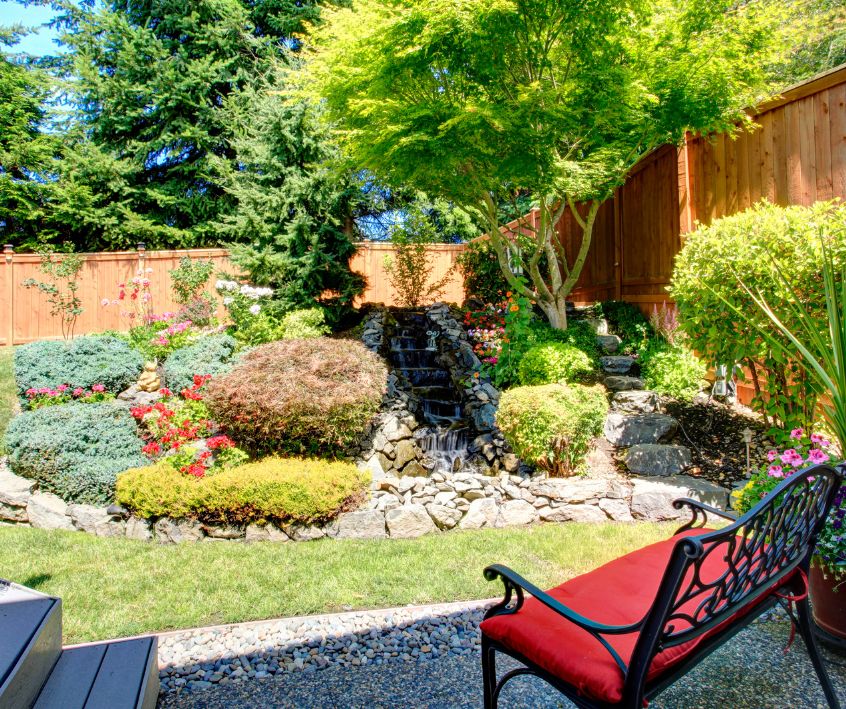 Small water feature in a corner garden.
