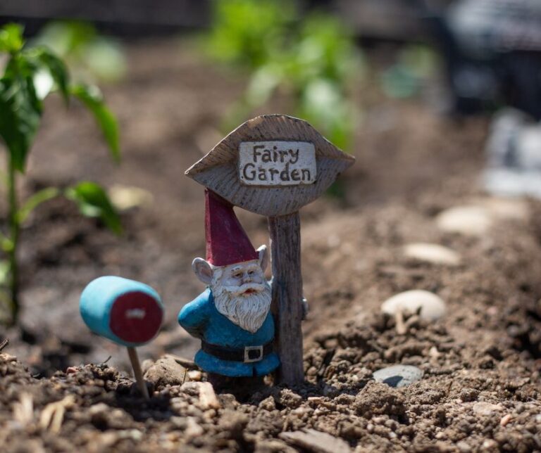 A tiny gnome standing next to a fairy garden sign at the start of a pathway.