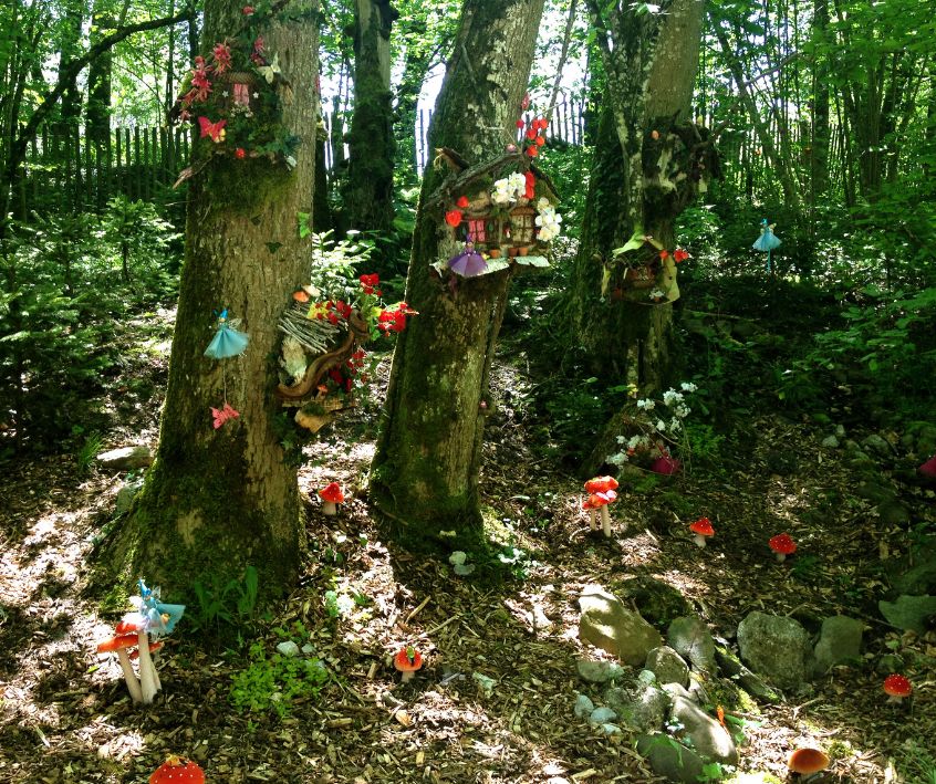 Multiple fairy houses mounted on tree trunk surrounded by whimsical garden art.