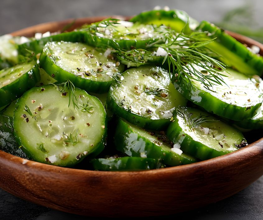 Freshly sliced cucumbers garnished with dill.