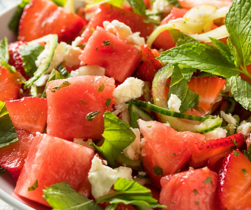 Fresh watermelon, chopped mint and feta salad.