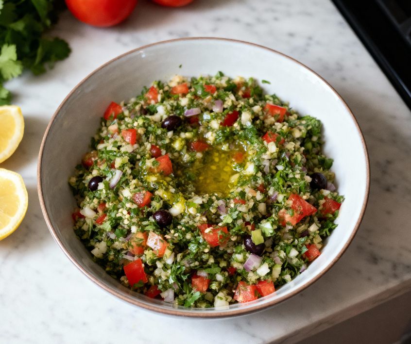 Mediterranean Quinoa Salad in a white bowl.