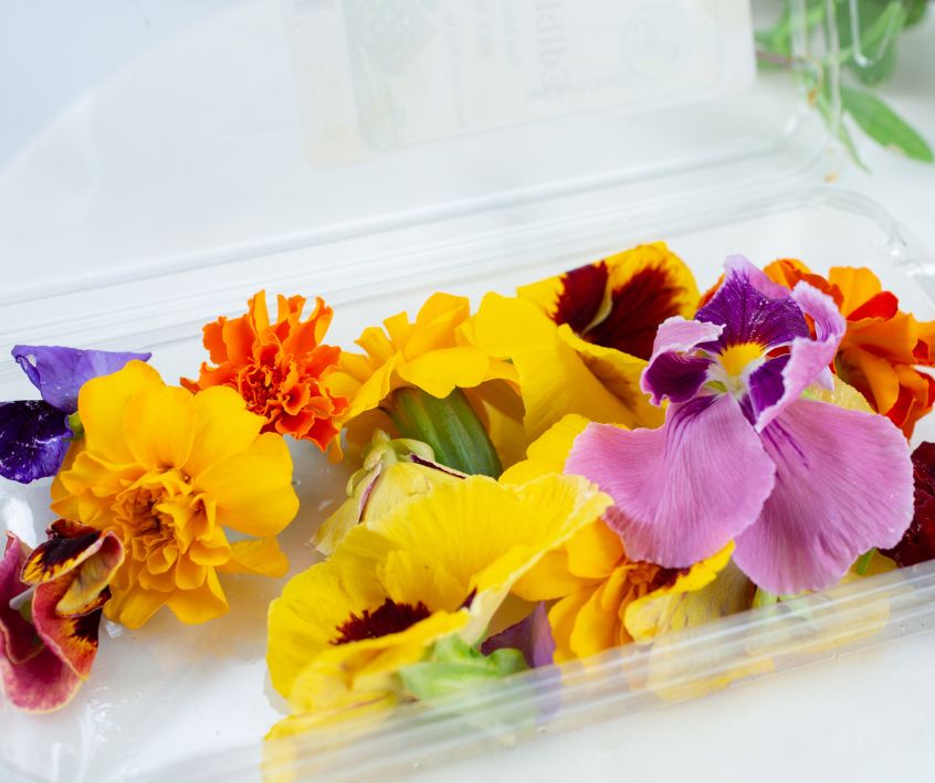 A mix of brightly colored edible flower from a store.