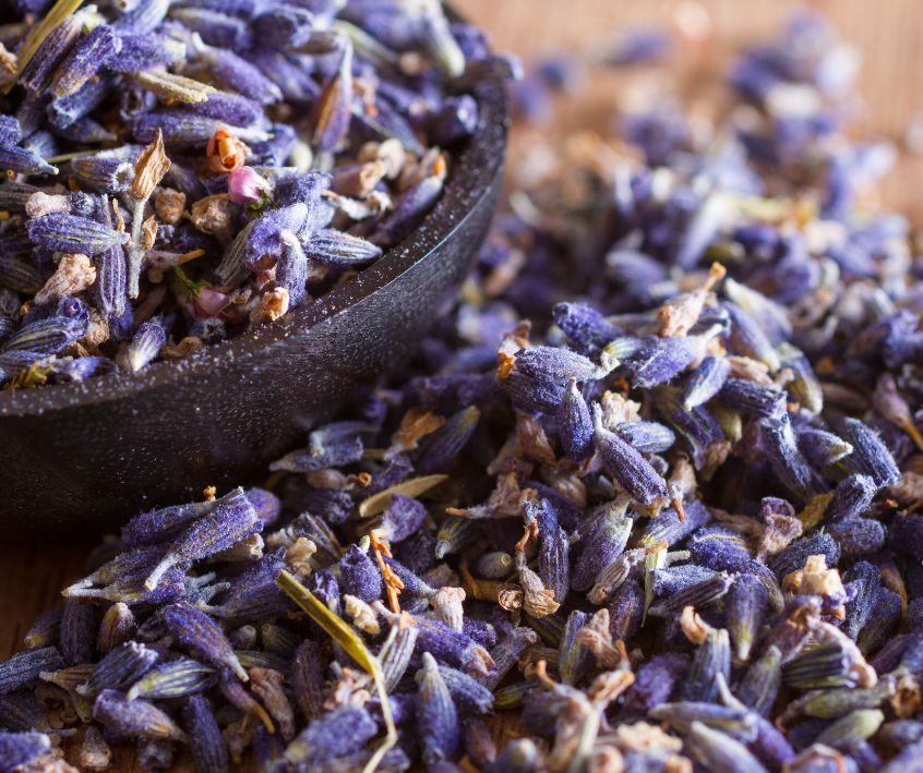 Small purple dried lavender buds spilling out of a black bowl onto a table.