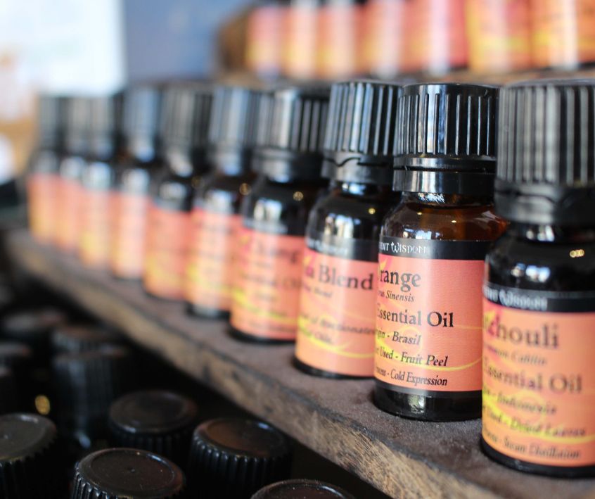 Small essential oil bottles in a shop.