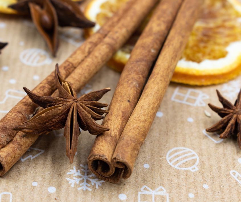 Star Anise, Cinnamon Sticks, and Dried Lemon Slices on holiday wrapping paper.