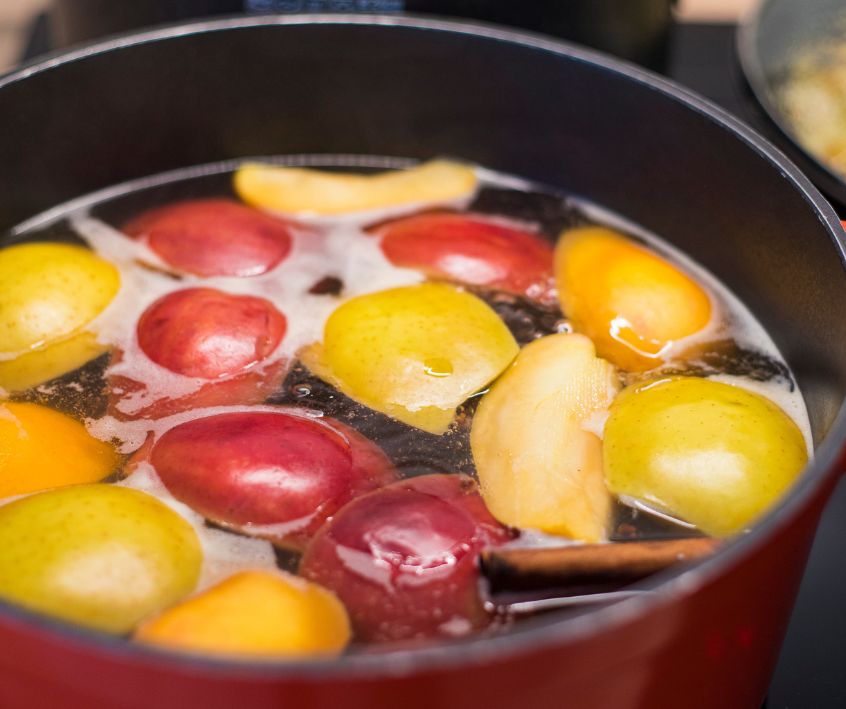 A simple stove top potpourri of apples, lemons, and cinnamon sticks.