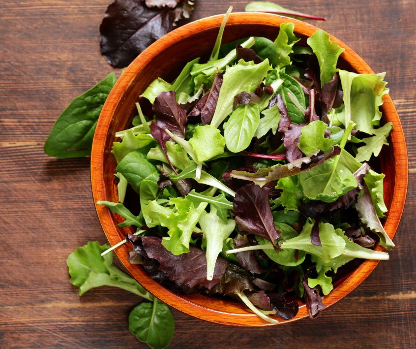 Fresh green and purple baby greens in a large wooden bowl on a wooden table.