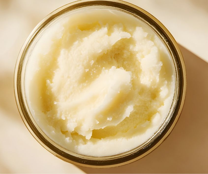 An open jar of shea butter on a beige background.